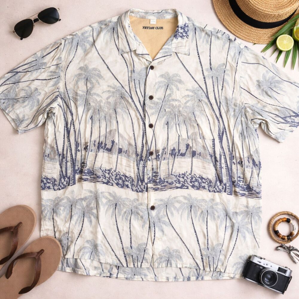 Friday Club Tropical Floral Button Up Short Sleeve Blue 3 Men's 3XL Shirt